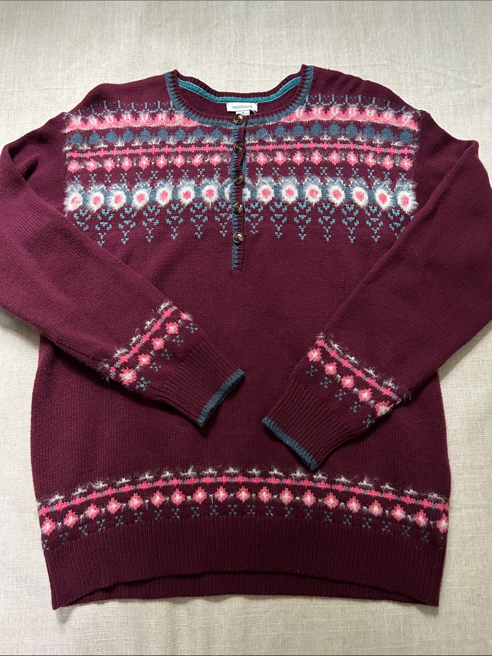 Sundance Fair Isle Sweater Burgundy Women's M Half Button Cotton Snowflake